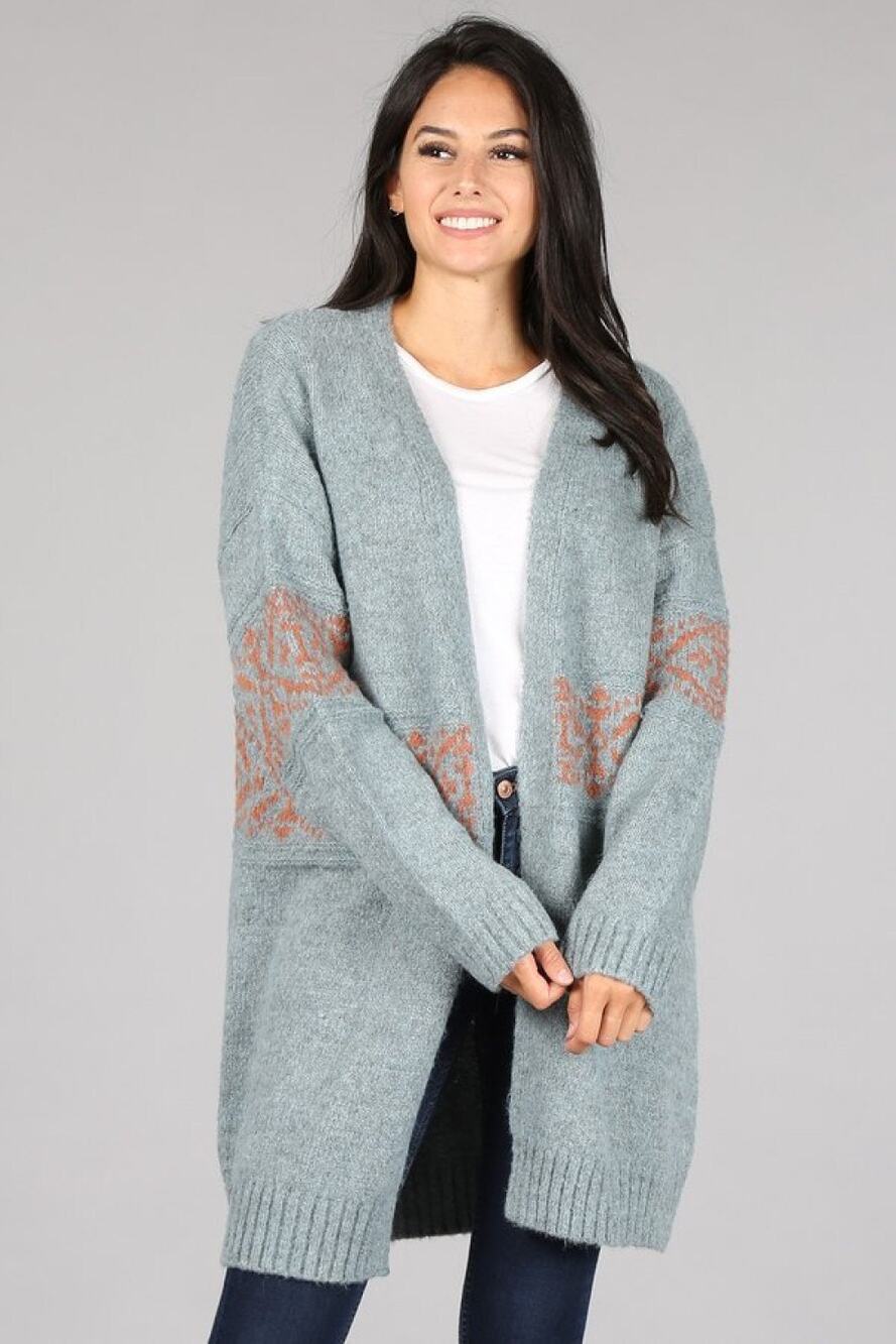 Oceanus Southwestern Boho chic Tribal Gray Open Front Cardigan Size S NWT